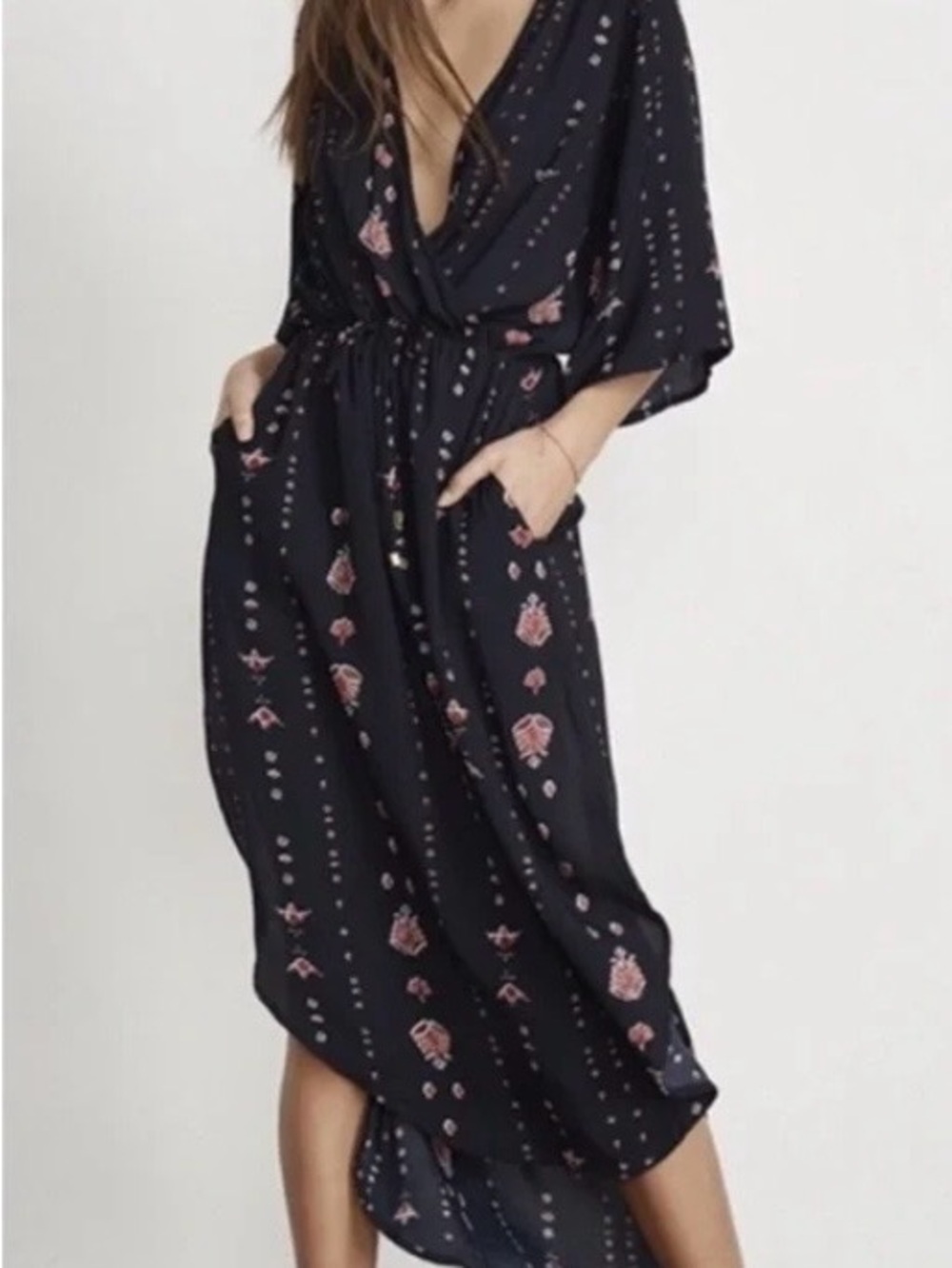 Faithfull the Brand Laluna Black High-Low Floral Wrap Dress with Pink Accents